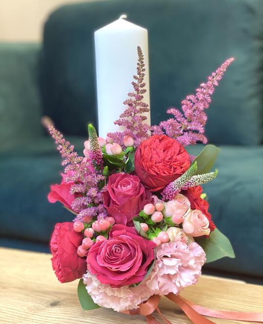 Lumanare de Botez cu Flori Rosii-Roz