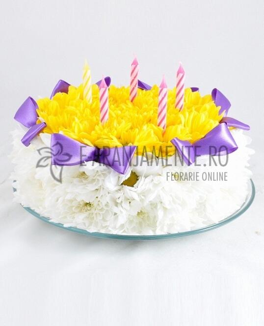 Tort din Flori cu Crizanteme Albe-Galbene