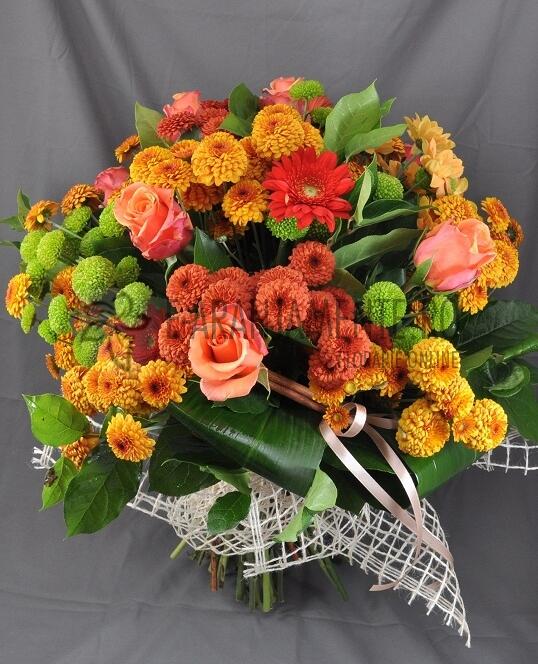 Buchet de Toamna cu Santini, Mini Gerbera si Trandafiri